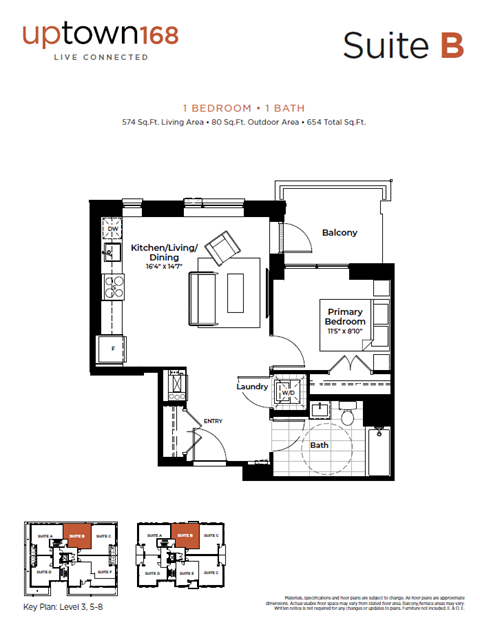 Floor plan for 1 bed, 1 bath, 574 sqft